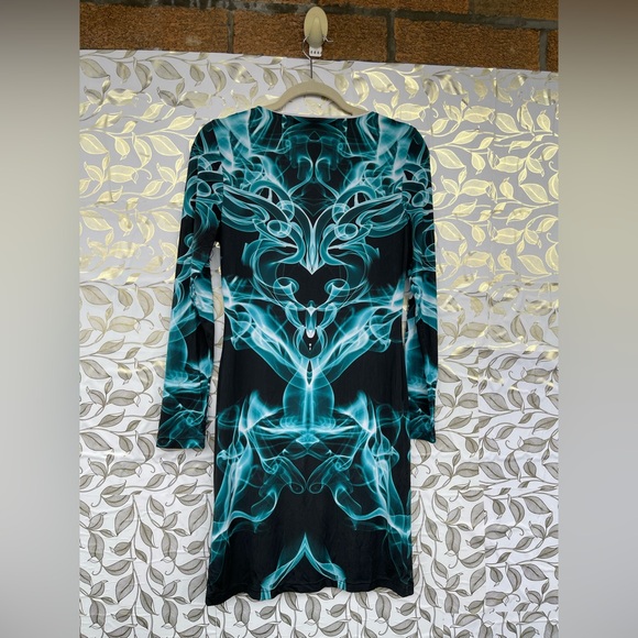 La Pateau Cyber Core Smoke Print V-Neck Mini Dress | Teal & Black size small - Picture 7 of 9